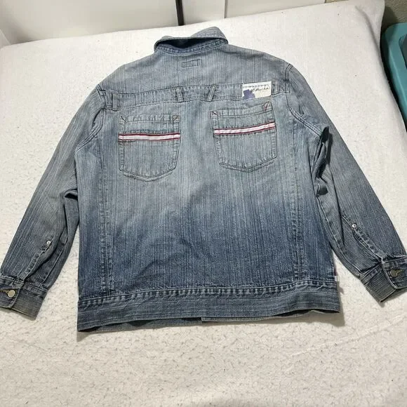 GB Black Label Men's Large Denim Jean Jacket Light Blue Distressed Metal Buttons - Picture 9 of 12